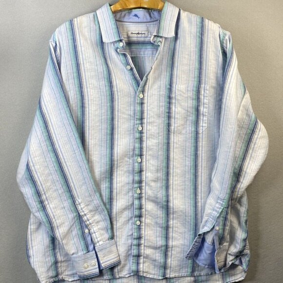 Tommy Bahama Other - Tommy Bahama Shirt Mens XXL Light Blue Striped‎ Button Up Linen Blend Sorona 2XL